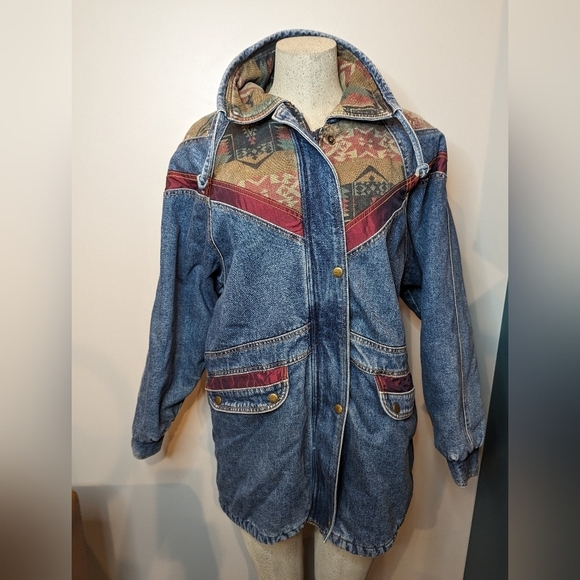 Vintage 80's denim tapestry patchwork jacket. Woman's M oversized - Picture 3 of 14